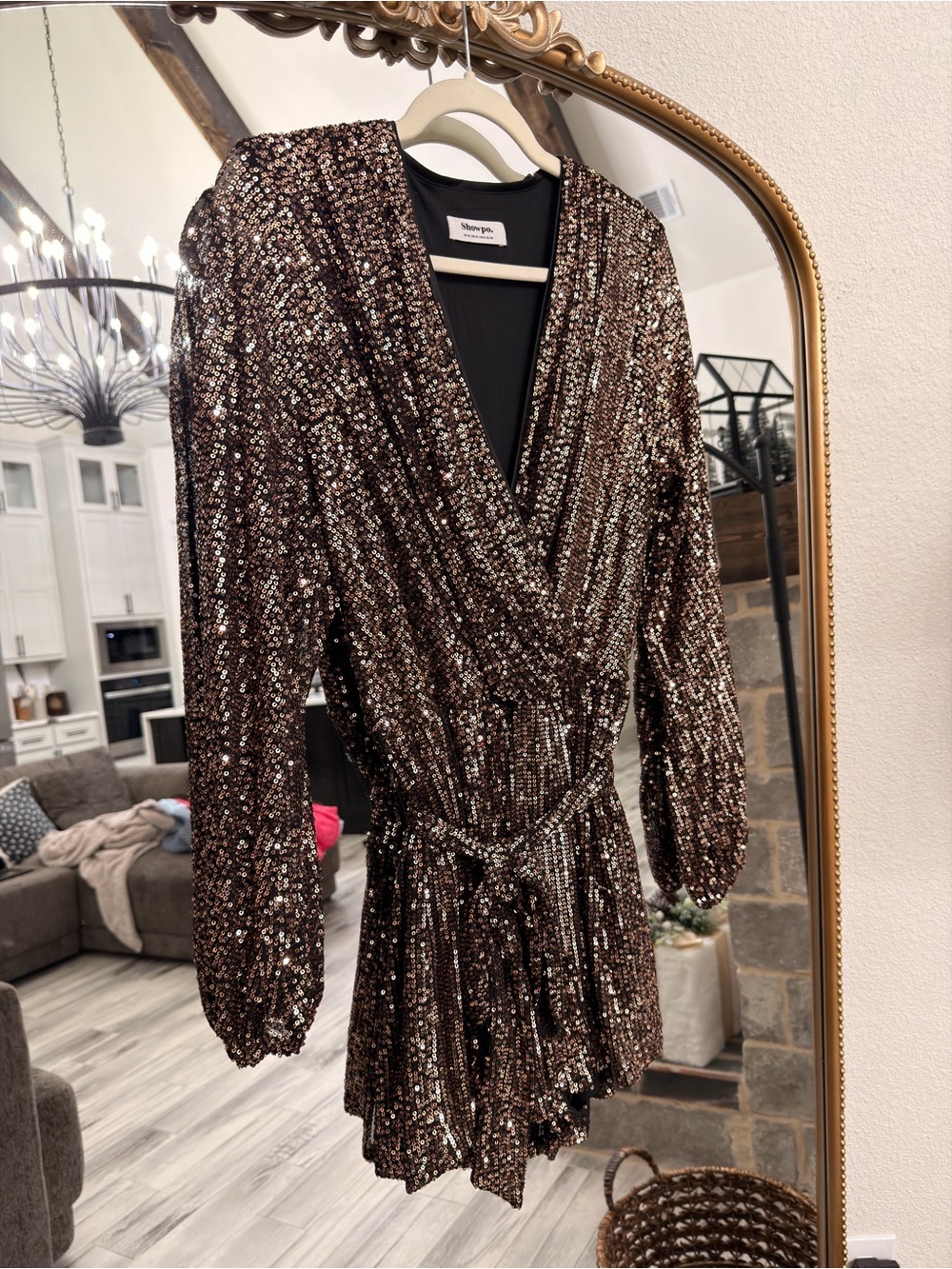 Showpo Black/Bronze Sequin Lined Wrap ROMPER V-Neck Long Sleeve US 6